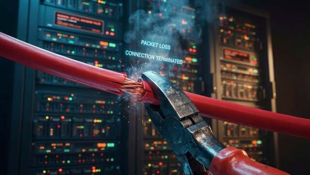 Severed red network cable being cut by pliers in a server room