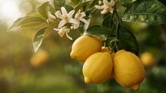 Fresh lemons hanging on a tree branch with white blossoms in a sunny orchard