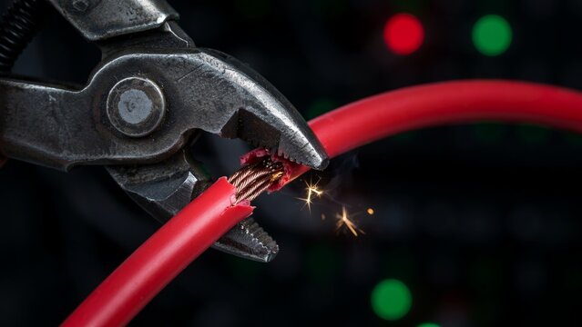 Closeup of pliers cutting a red electrical wire with sparks