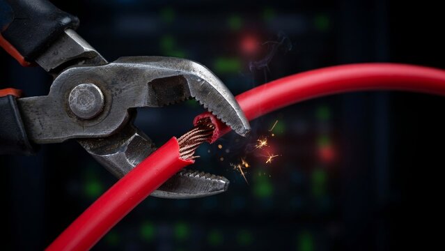 Closeup of pliers cutting a live red electrical wire with sparks and smoke