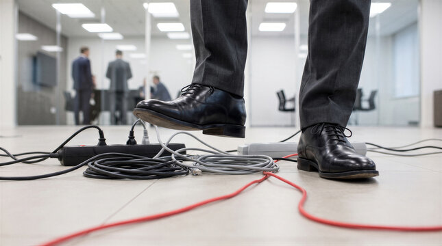 Business person stepping over tangled electrical cables and power strips on office floor, representing workplace safety hazards