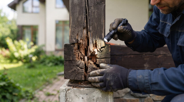 Professional inspector examining severe wood rot and termite damage on a structural timber post of a house exterior using a flashlight