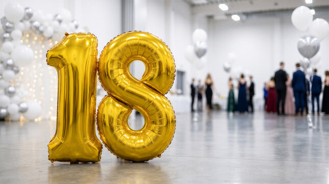 Large golden balloons in the shape of the number 18 standing on the floor in a spacious hall with blurred guests in the background