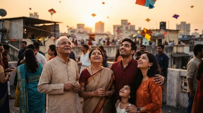 Indian family watching kites from rooftop during festival.