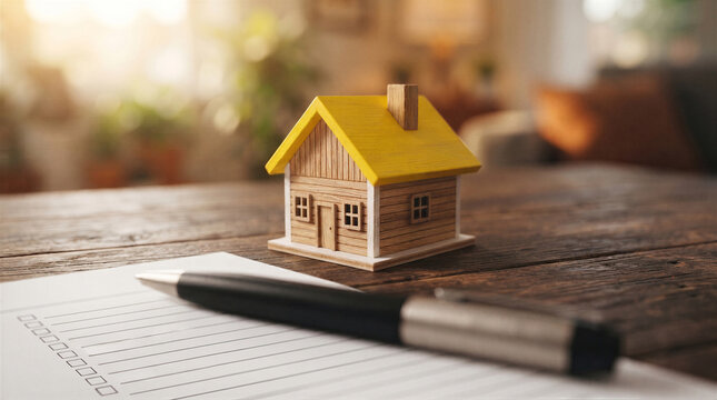 A small wooden house model with a yellow roof sits on a rustic wooden table next to a pen and a blank checklist on a piece of paper