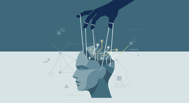 A hand controls a man's head with strings and circuits