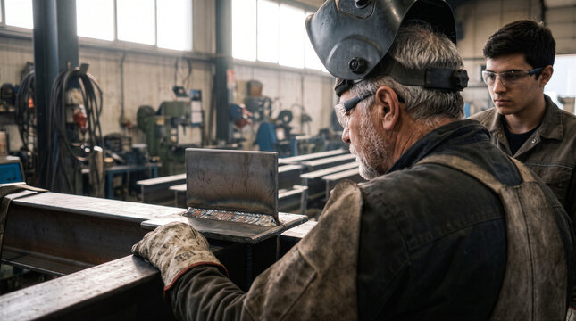 Experienced welder teaching a young apprentice in a metal workshop, showing him a freshly welded steel joint on a metal beam