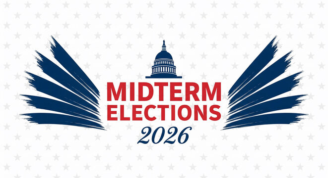 Bold "MIDTERM ELECTIONS 2026" text with graphic wings and Capitol dome silhouette, suitable for political campaigns, news reporting and civic engagement promotion