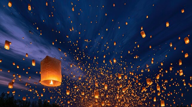 Thousands of glowing lanterns ascend into the dusky, cloud-filled sky