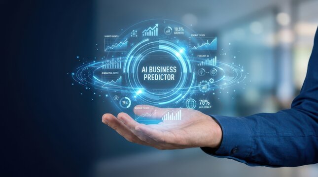 Ai business predictor concept with futuristic interface and hand holding digital data visualization