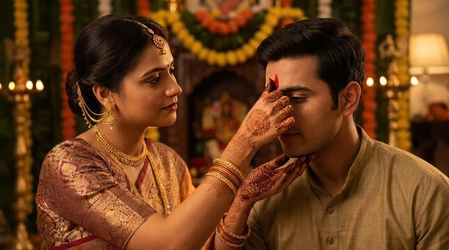 Indian woman applying red tilak to man's forehead.