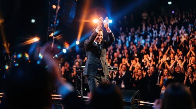 Man in suit receiving applause from a large audience on stage at an event or awards show