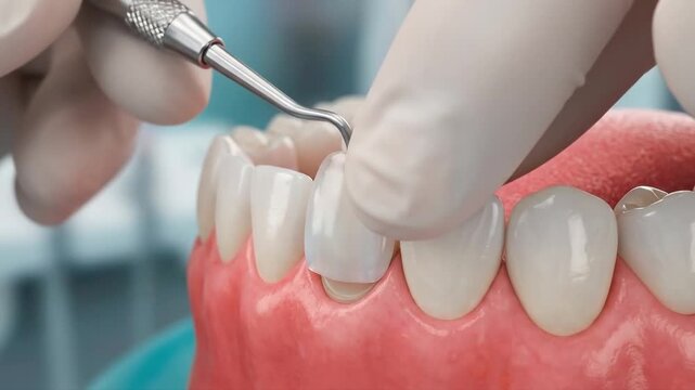 Dentist placing a ceramic veneer on a tooth model. Suitable for dental education, clinic marketing, medical presentation, and healthcare promotion.