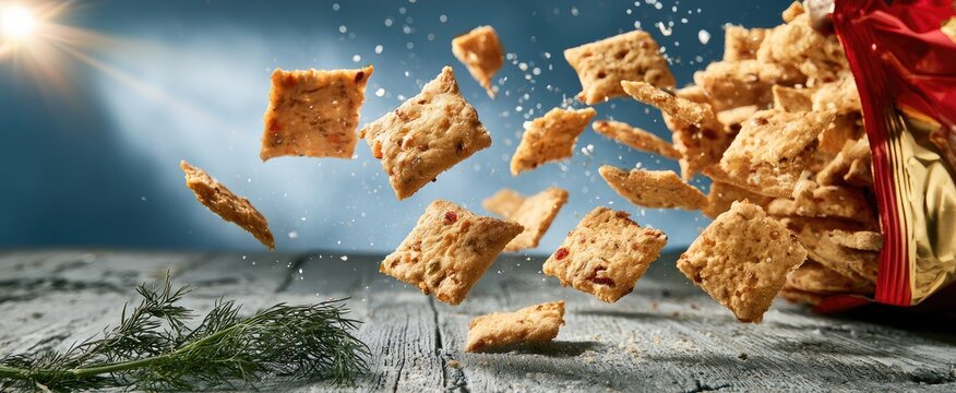 Crunchy square crackers fly from a shiny bag onto a rustic wooden surface