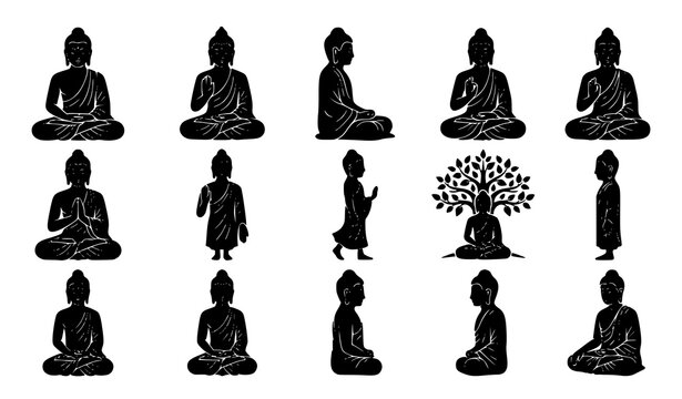 Black and White Buddha Meditation Silhouettes Vector Collection with Spiritual Pose Icons