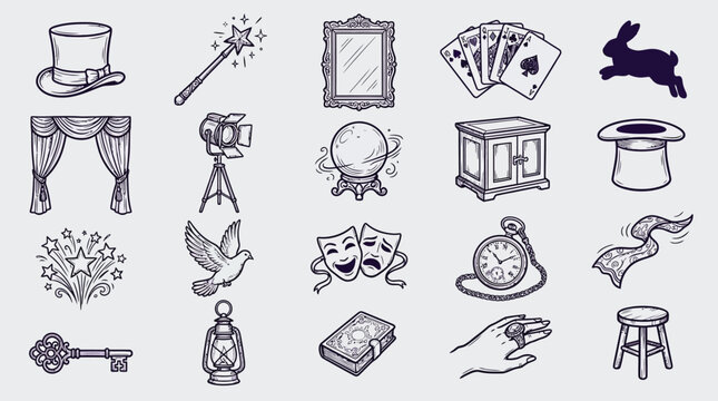 Collection of magic and illusion icons, including a top hat, wand, rabbit, crystal ball, and playing cards.