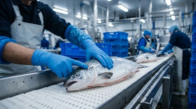 Fishery worker sorting fresh fish on a processing table and conveyor belt.
