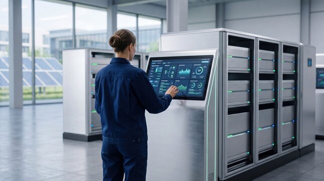 Female engineer monitoring server data center, digital interface control, IT infrastructure management, high tech facility, cloud computing storage, network security system