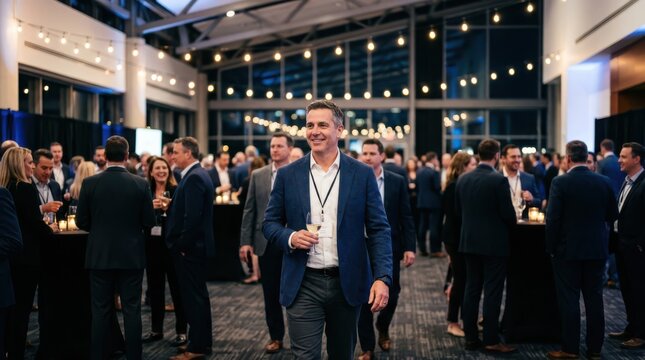 Corporate event with a smiling businessman holding a drink in a crowded convention center setting