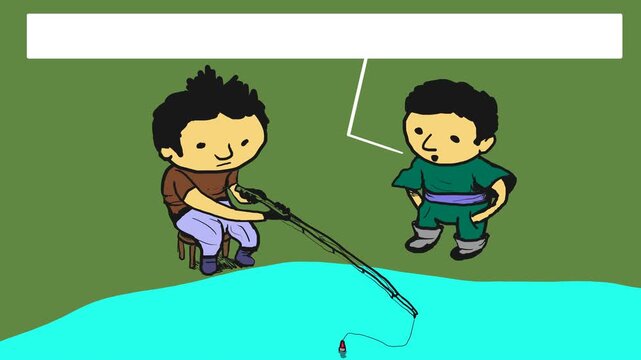 Friends or two people fishing, talking or conversing. A father or son, or two brothers, or even work colleagues, enjoying a lakeside getaway.