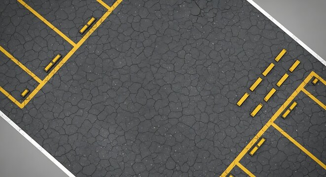 Angled view of asphalt parking lot with yellow painted lines and concrete wheel stop barriers