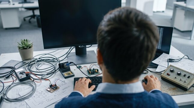 Engineer working on circuit board, testing electronic components with tools at desk, technology and innovation concept
