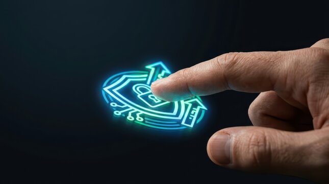 A hand interacting with a glowing blue shield icon with arrows and a lock symbolizing cybersecurity and data protection