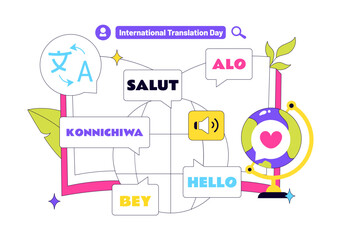 International Translation Day Illustration Featuring Multilingual Communication, Language Translation Service, Interpreter, and Cultural Exchange © denayune
