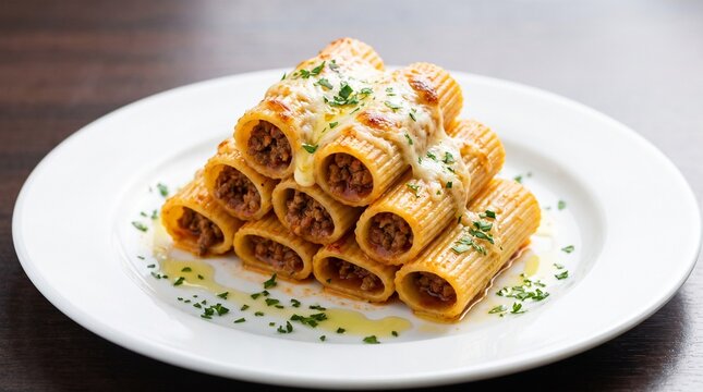 Baked Cannelloni Pasta with Cheese and Tomato Sauce on White Plate