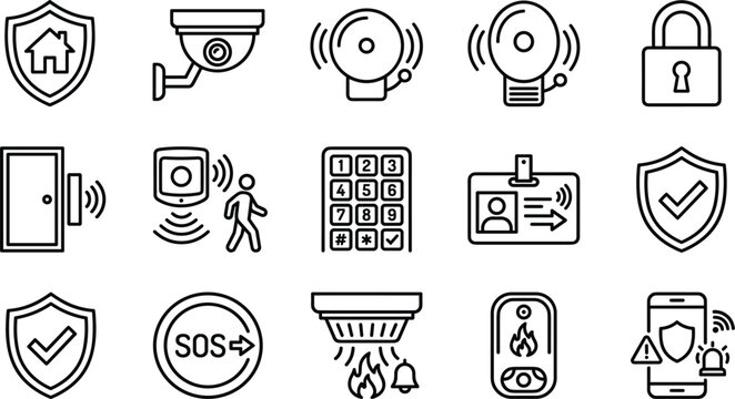 Home security smart protection line icon set featuring cctv camera alarm bell padlock keypad badge sensor vectors,