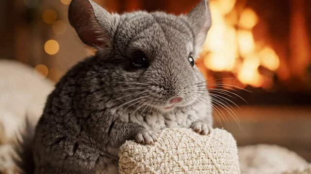 Cute Chinchilla Cozy by Fireplace, Relaxing Winter Scene