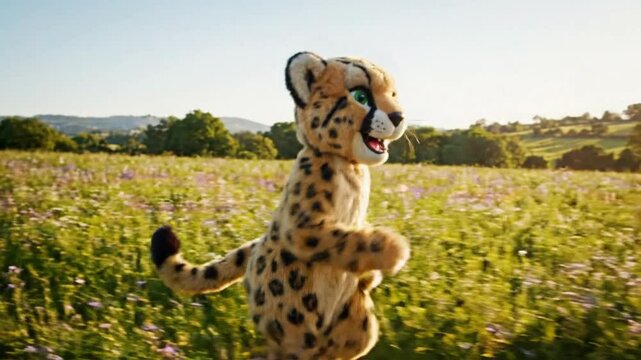 Cute Cheetah Mascot Running Joyfully Through Sunny Wildflower Meadow