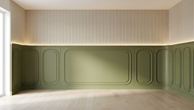 Luxury Modern Green Interior Wall with Wooden Floor and Copy Space