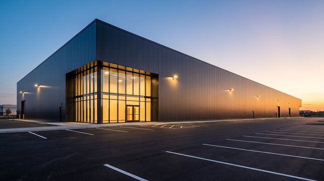 Modern industrial warehouse exterior at sunset with glass facade warehouse building industrial architecture
