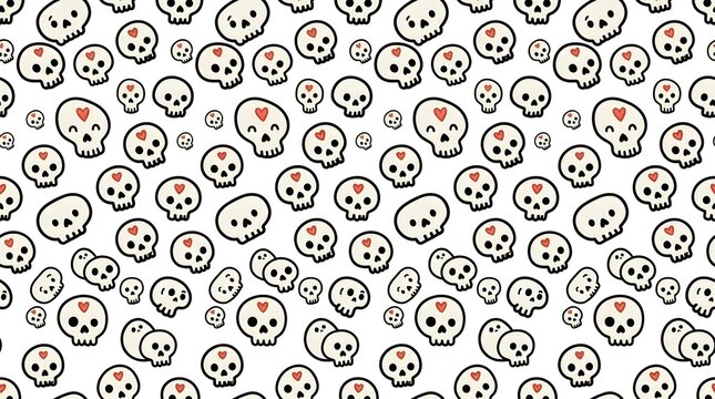 Seamless pattern with cute skulls with hearts