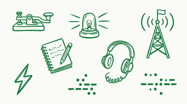 Collection of hand-drawn icons representing communication and technology, including a telegraph, siren, radio tower, notebook, headphones, and lightning bolt.