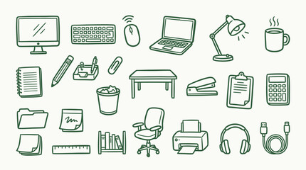 Fototapeta premium Collection of hand-drawn office supplies and equipment, perfect for business or study themes.