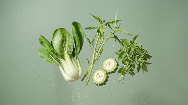 Fresh raw Asian vegetables suspended in mid-air with water droplets, featuring bok choy, water spinach, and sliced bitter melon on a vibrant green background.