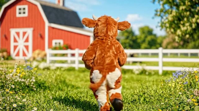 Cute Cow Mascot Dancing in Sunny Farmyard with Barn