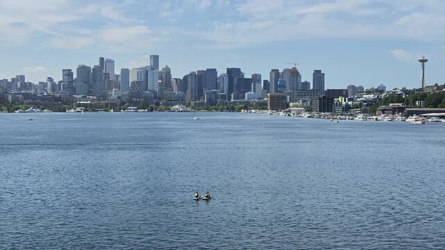 Kayaks on Lake Union with Seattle skyline