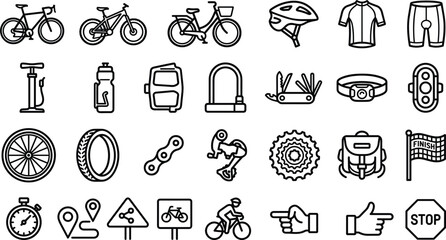Fototapeta premium Bicycle line icon set with bike helmet pump wheel chain jersey backpack lock traffic signs vectors,