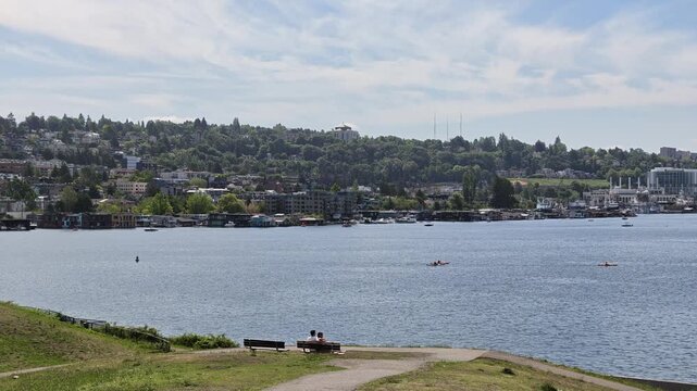 Wide view of Lake Union waterfront and Seattle skyline