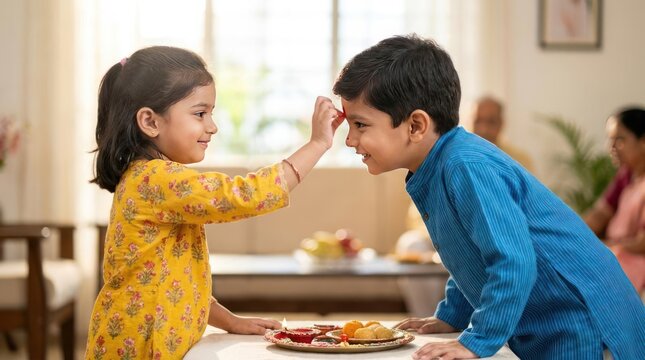 Indian sister applying tilak to brother for Raksha Bandhan.