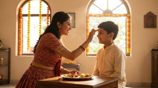 Indian woman applying tilak to young boy indoors.