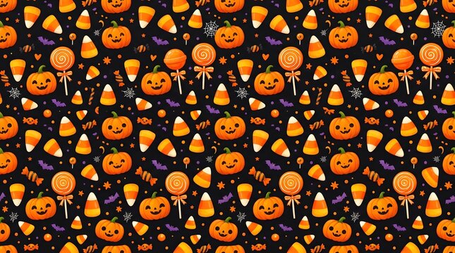 Seamless halloween pattern with candy corn, pumpkins, and lollipops