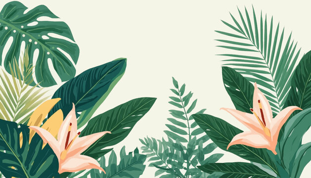 Soft pastel tropical leaf frame with pink lily flowers and open center, perfect for wedding stationery, spa menus, greeting cards, beauty ads, and elegant packaging