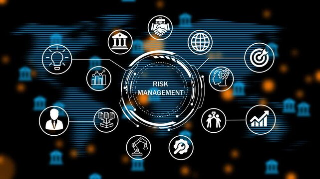 Animated risk management concept with global financial and business growth elements, Internet infrastructure concept. Abstract technology data connection symbols .4k animation video 