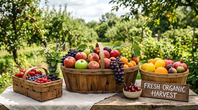 Fresh Organic Harvest - Baskets of Ripe Fruits and Berries in an Orchard Setting.