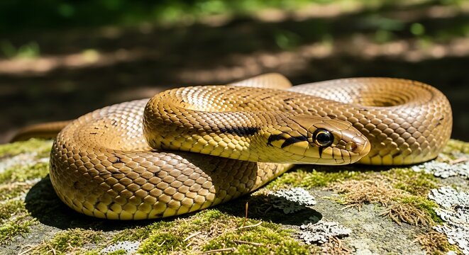 Close up of a brown Aesculapian snake resting on a mossy rock in the forest.