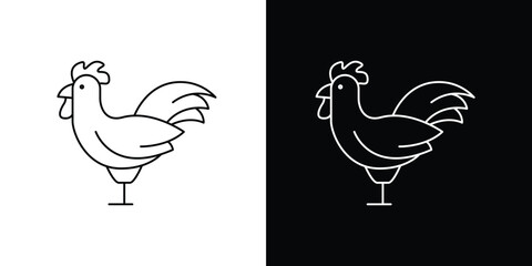 Minimalist rooster line art icon set in black and white styles representing poultry farm and agriculture © Tifany